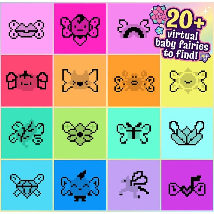 A grid of 16 pixelated cartoon fairies against bright pastel backgrounds. Text at top right reads, "20+ virtual baby fairies to find!"