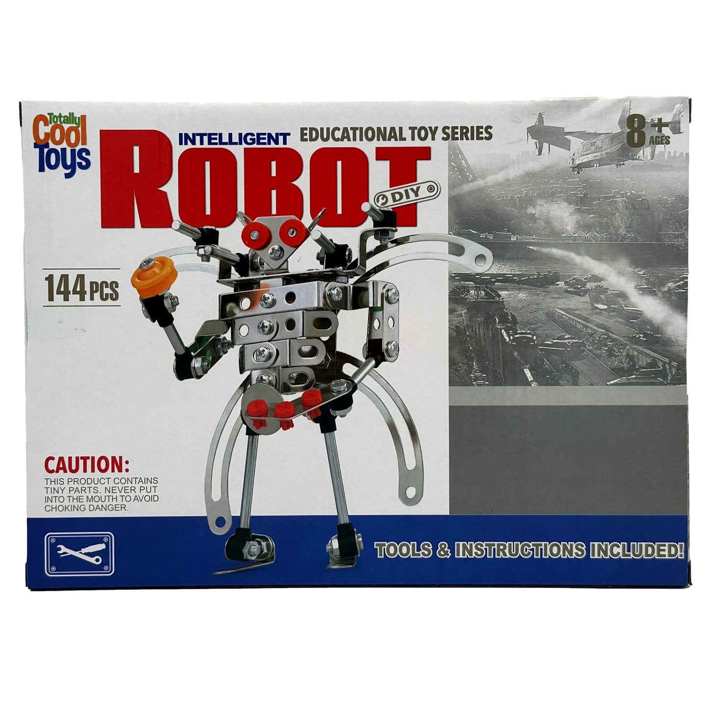 Boxed robot construction toy with tools and instructions.