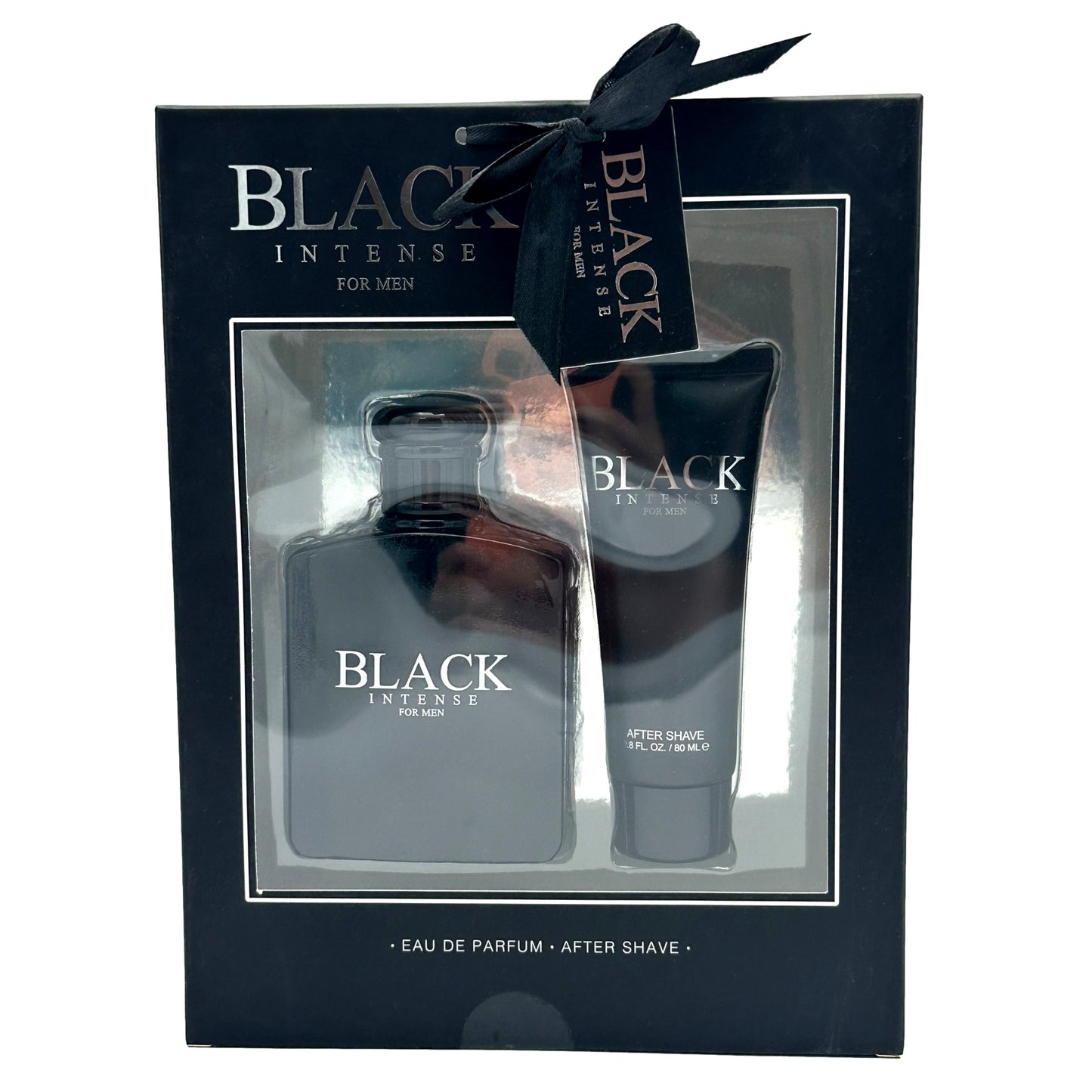Boxed set of "Black Intense for Men" eau de parfum and aftershave, wrapped with a black ribbon.