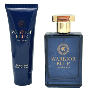 Blue aftershave tube and perfume bottle with a gold cap.