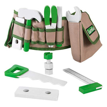 Toy tool belt with wooden tools.