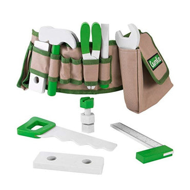 Toy tool belt with wooden tools.