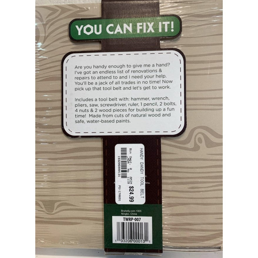 A child's "Handy Dandy Tool Belt" set packaged in brown cardboard and cellophane.