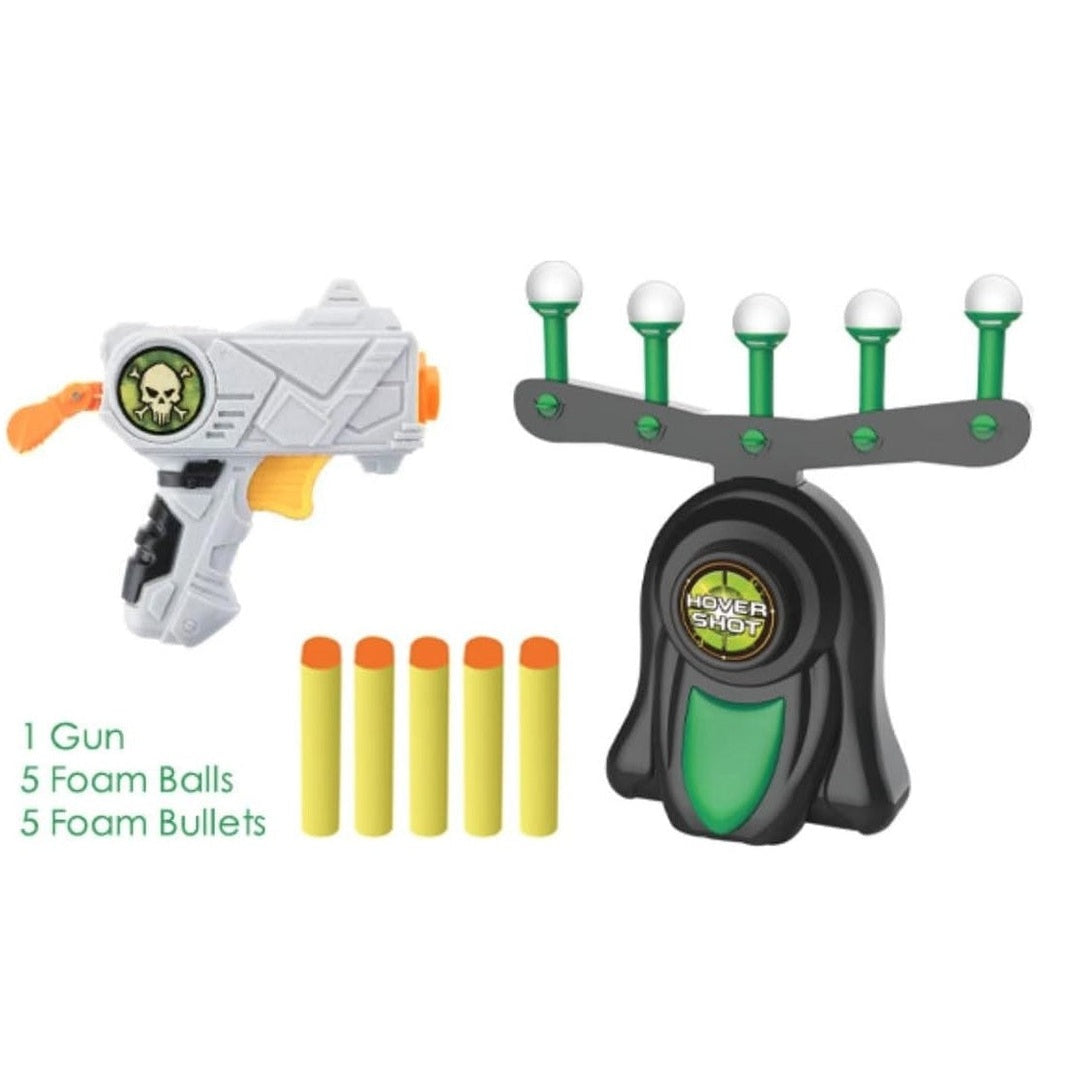 A toy gun set with a blaster, a hovering target, and foam bullets.