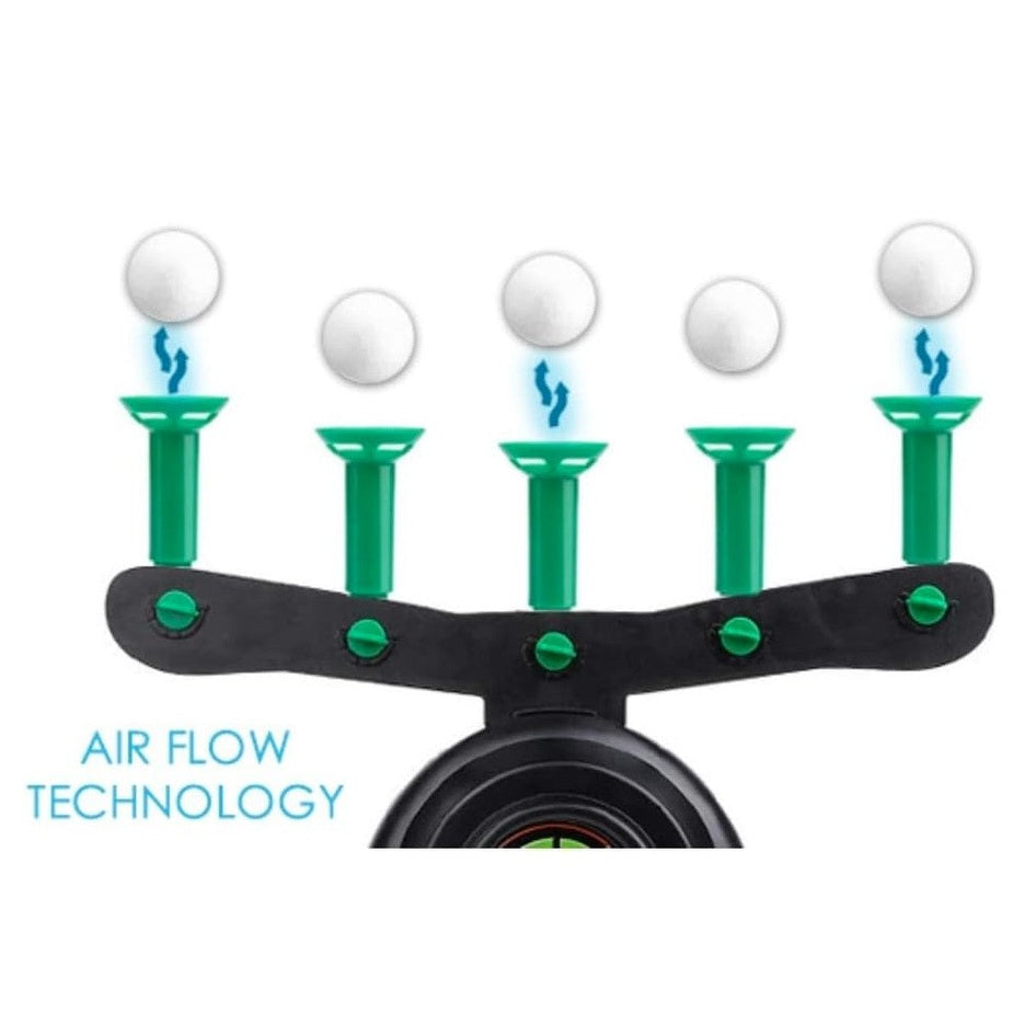 Air flow technology device with white balls hovering above five green pegs.
