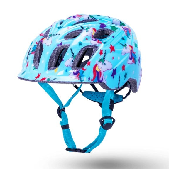Light blue bike helmet with unicorn pattern.