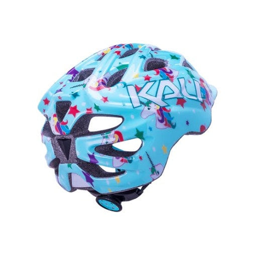 Light blue bicycle helmet with unicorn and star pattern.