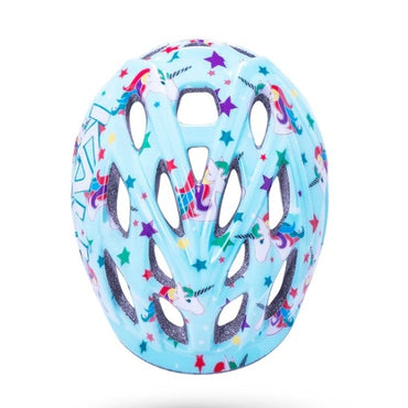 Light blue helmet with unicorns and stars.