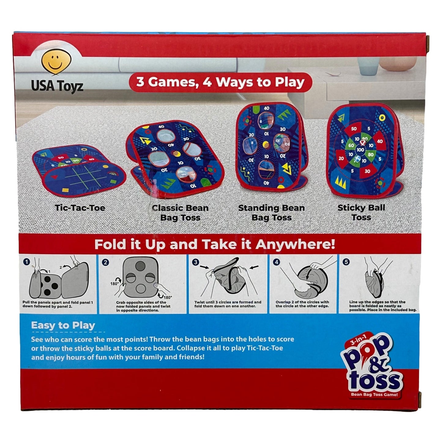 A product image of the "Pop & Toss Bean Bag Toss Game" packaging, featuring descriptions of the games, instructions for folding it, and the logo.