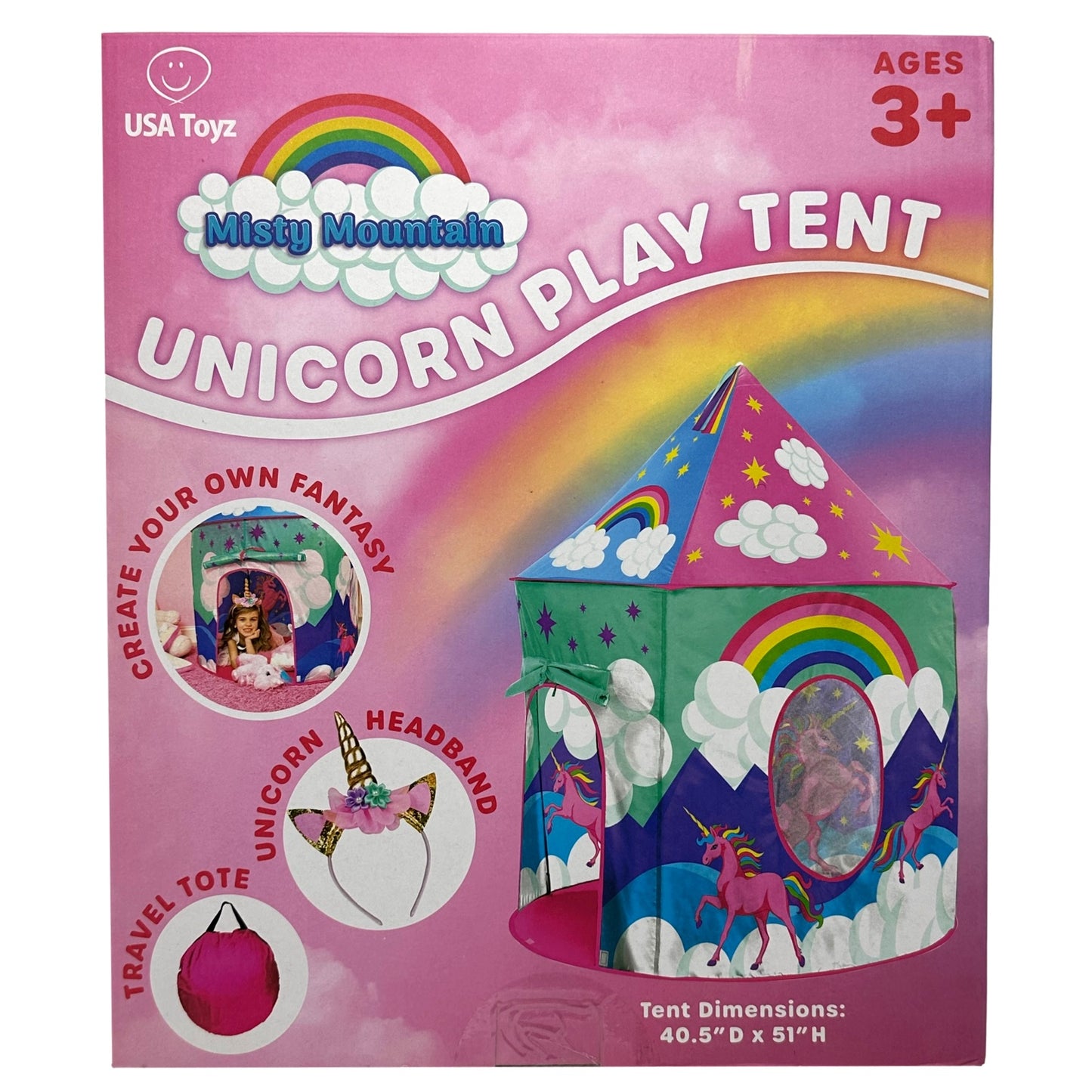 A Unicorn Play Tent box, with an age recommendation of 3+, featuring a rainbow, clouds, and images of unicorns.
