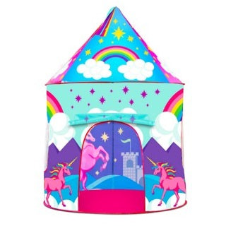 Here are some descriptive alt tags for the image:
* Unicorn-themed play tent for children
* Colorful kids' castle tent with unicorn and rainbow design
* Pop-up playhouse with unicorn graphics