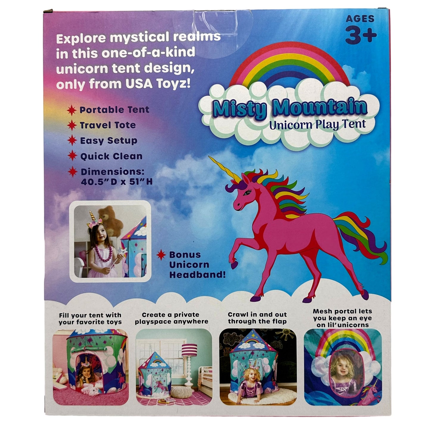 A box of "Misty Mountain Unicorn Play Tent" for ages 3+.