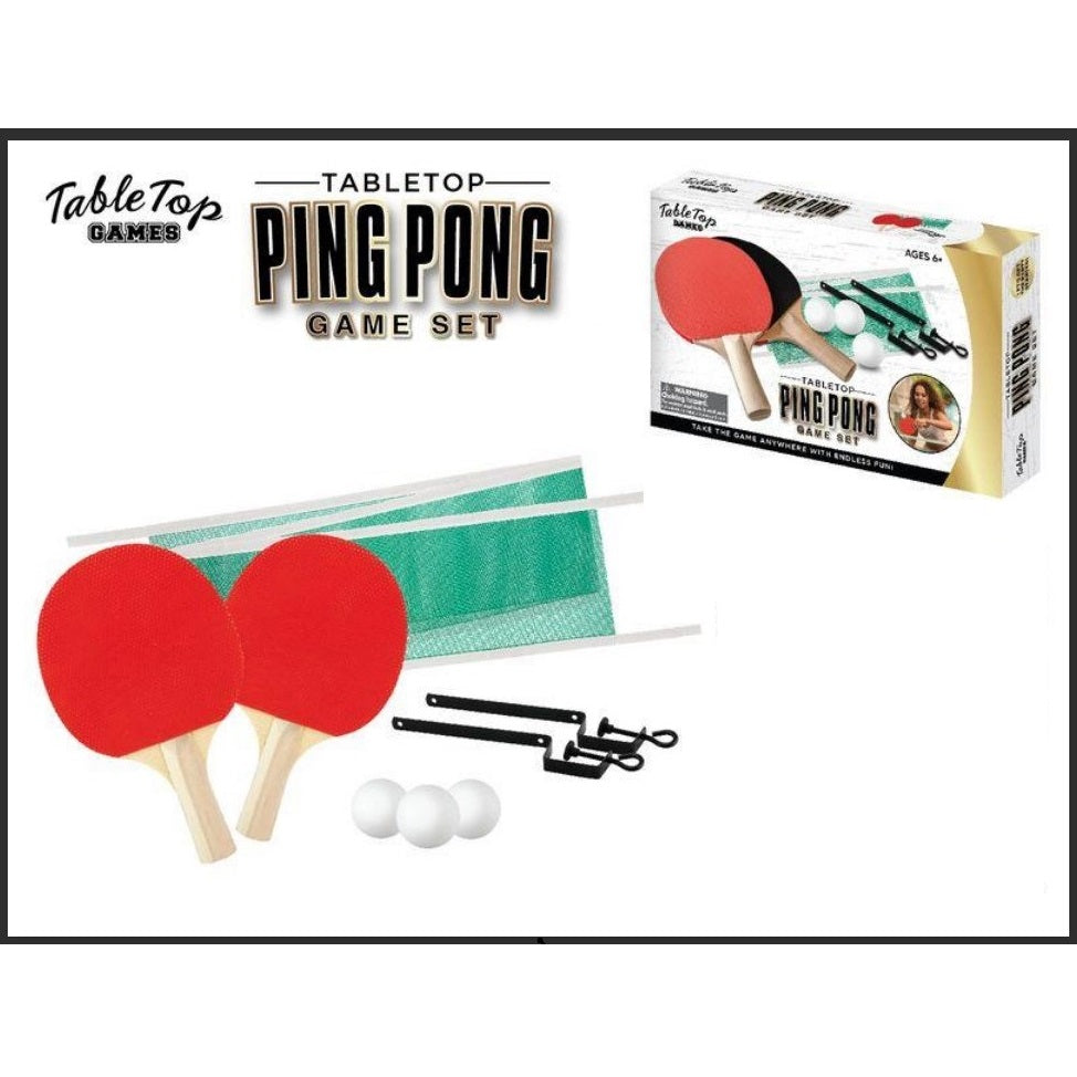 Tabletop ping pong game set including paddles, net, balls, and game box.