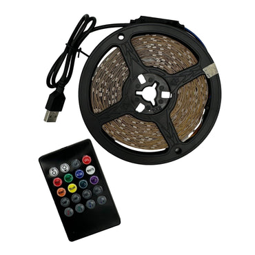 LED strip light on a black spool with a USB cord and remote control.