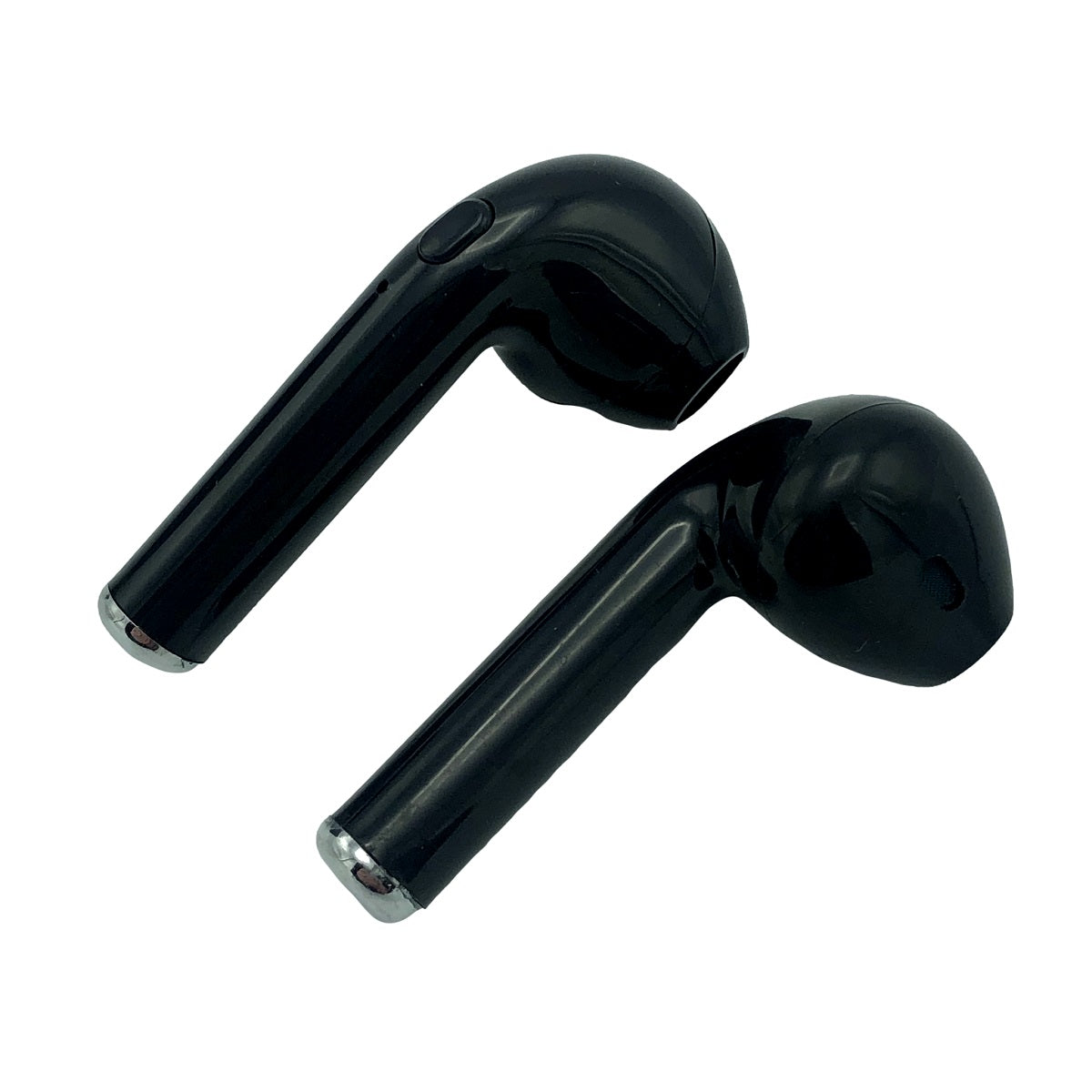 Two black wireless earbuds.