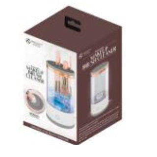 Here are some descriptive alt tags for the image:
* **Box for a makeup brush cleaner.**
* **Isometric view of a makeup brush cleaner product box.**
* **Brown and white box displaying a makeup brush cleaner.**