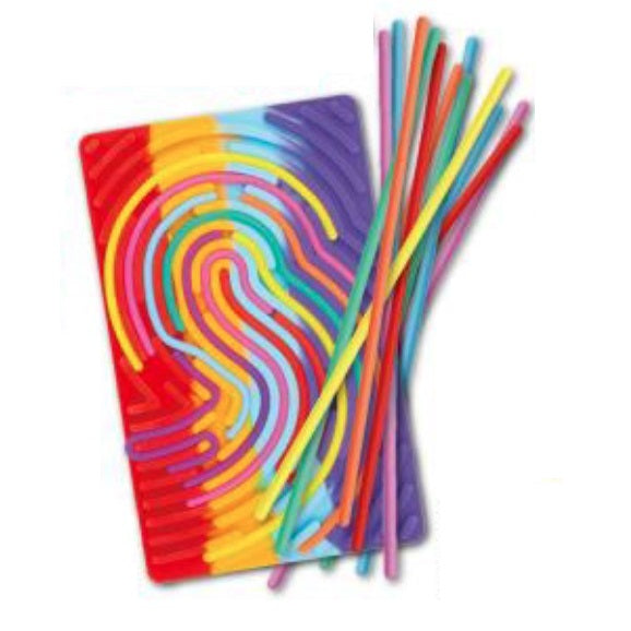 Colorful wooden maze with matching rods.