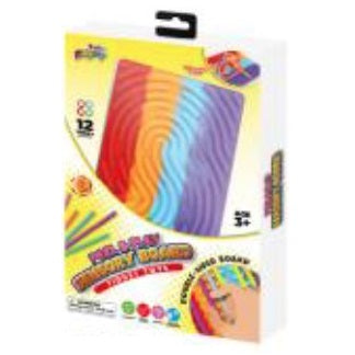 Here is a descriptive alt tag for the image:
Boxed sensory board toy with rainbow colors and a set of small sticks for tactile play, geared towards children aged 3+.