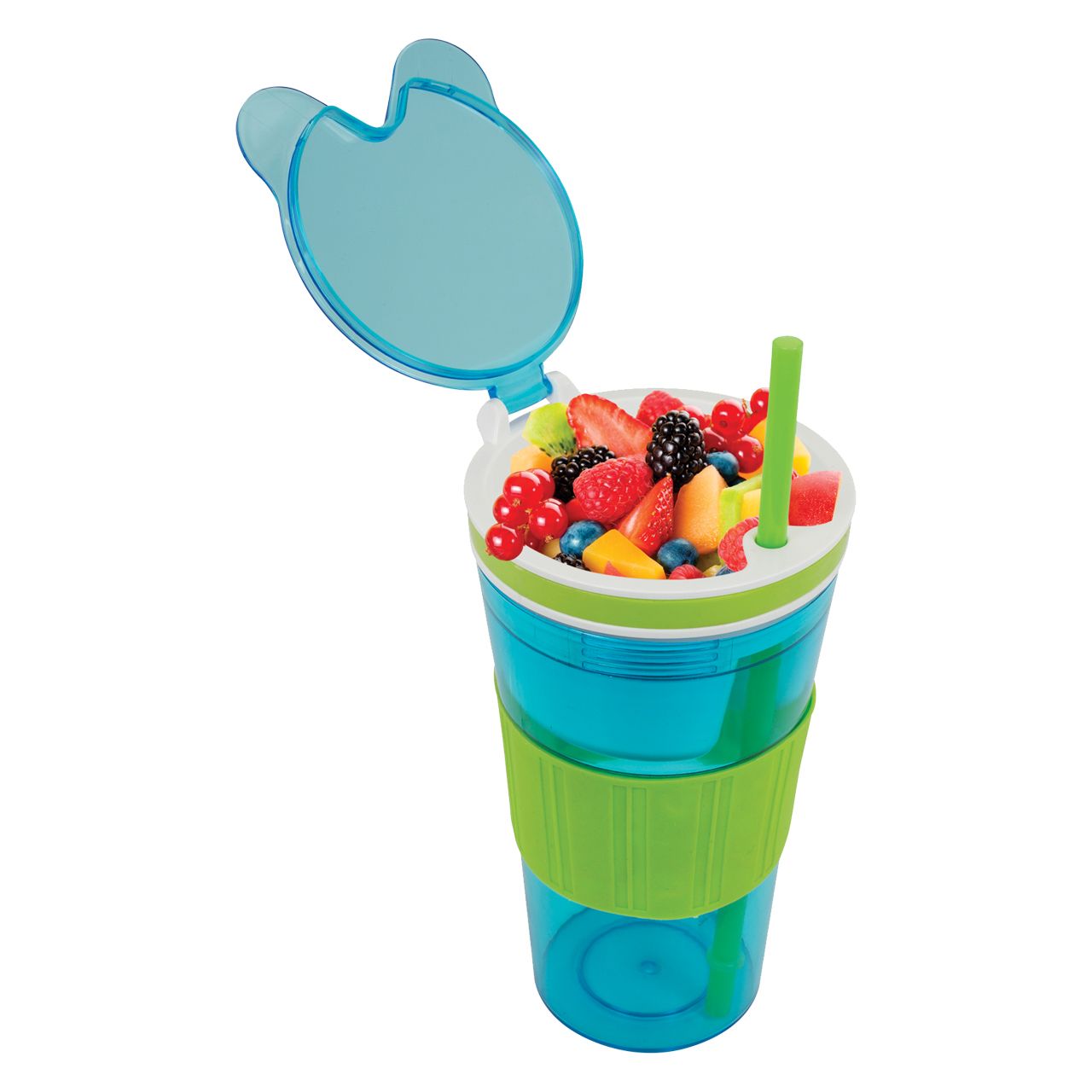 A blue and green plastic cup with an open lid and filled with fruit.