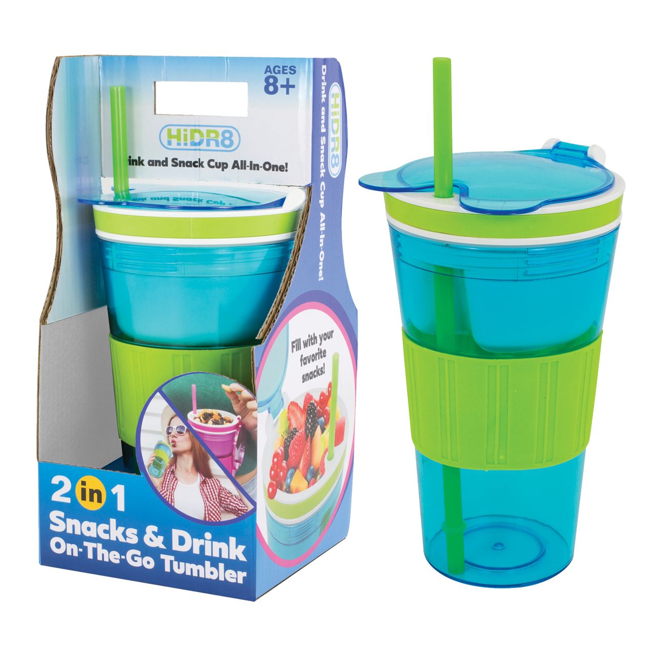 A 2-in-1 blue and green snack and drink tumbler, along with its packaging box, are displayed against a white background.