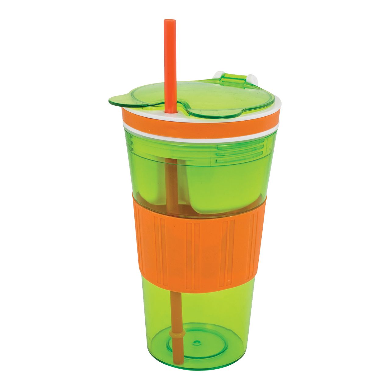 Green plastic cup with orange accents and straw.