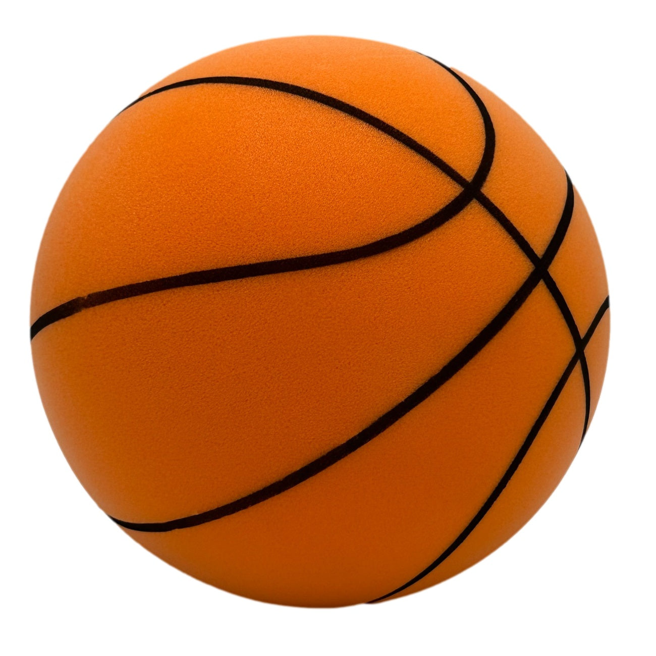 An orange basketball with black lines.