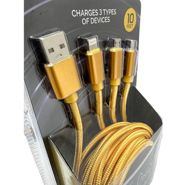 Cable de carga 3 en 1 de 10 pies surtido