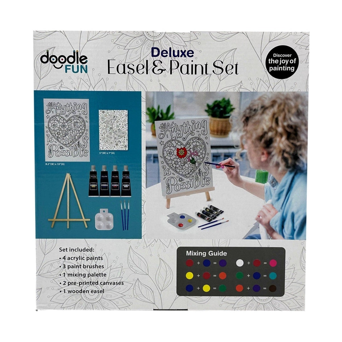 Deluxe easel and paint set with a woman painting a canvas.