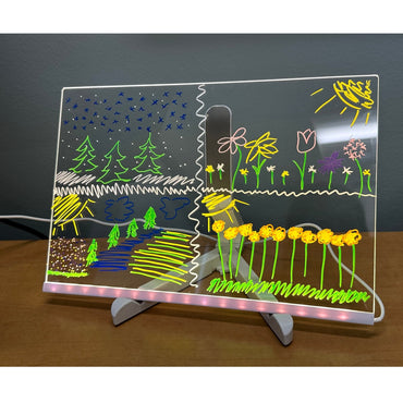 A drawing of a 4-paneled diorama of nature with trees and flowers on a lighted board stand.