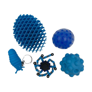 A collection of five blue fidget toys of various shapes and textures.