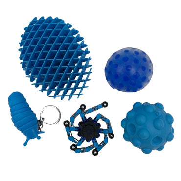 A collection of five blue fidget toys of various shapes and textures.