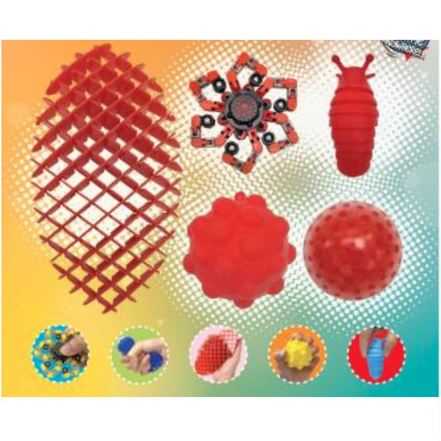 Promotional image for red sensory toys.