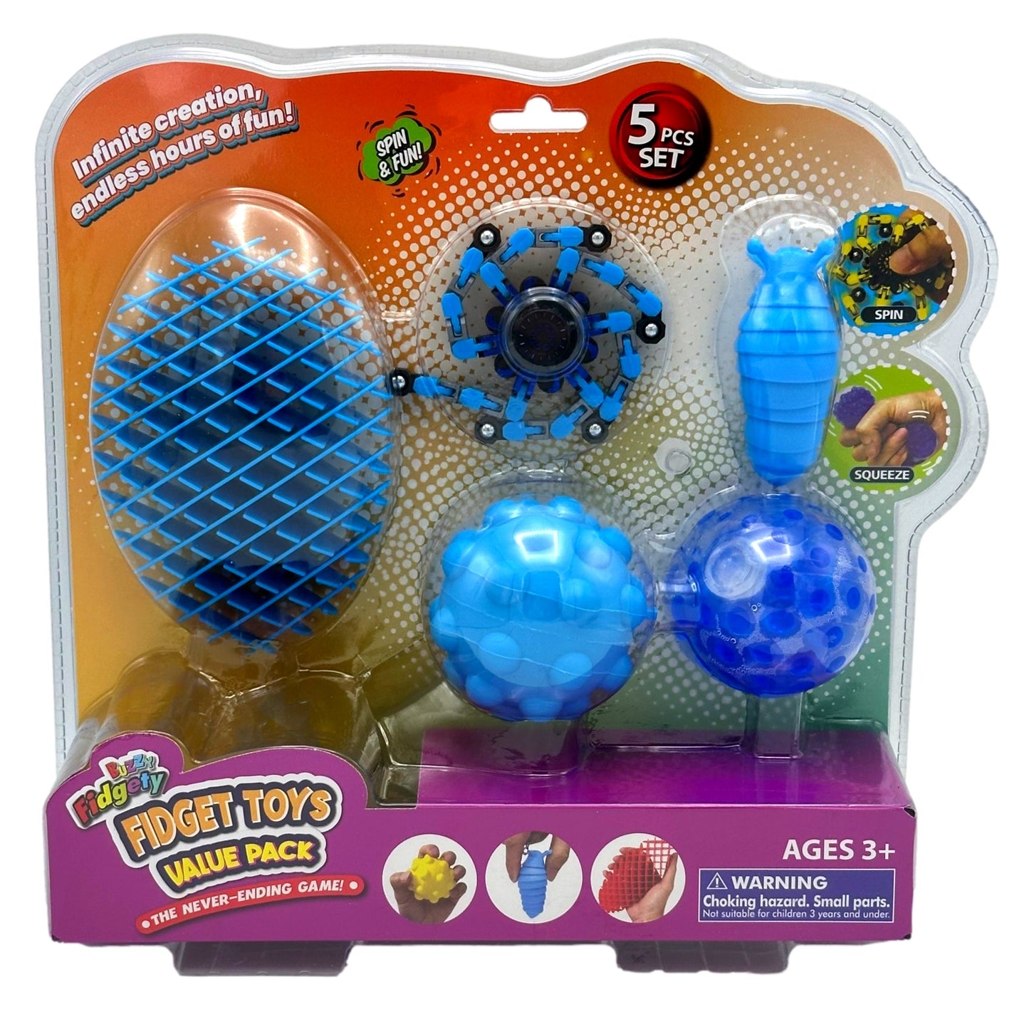 A package of five blue fidget toys.
