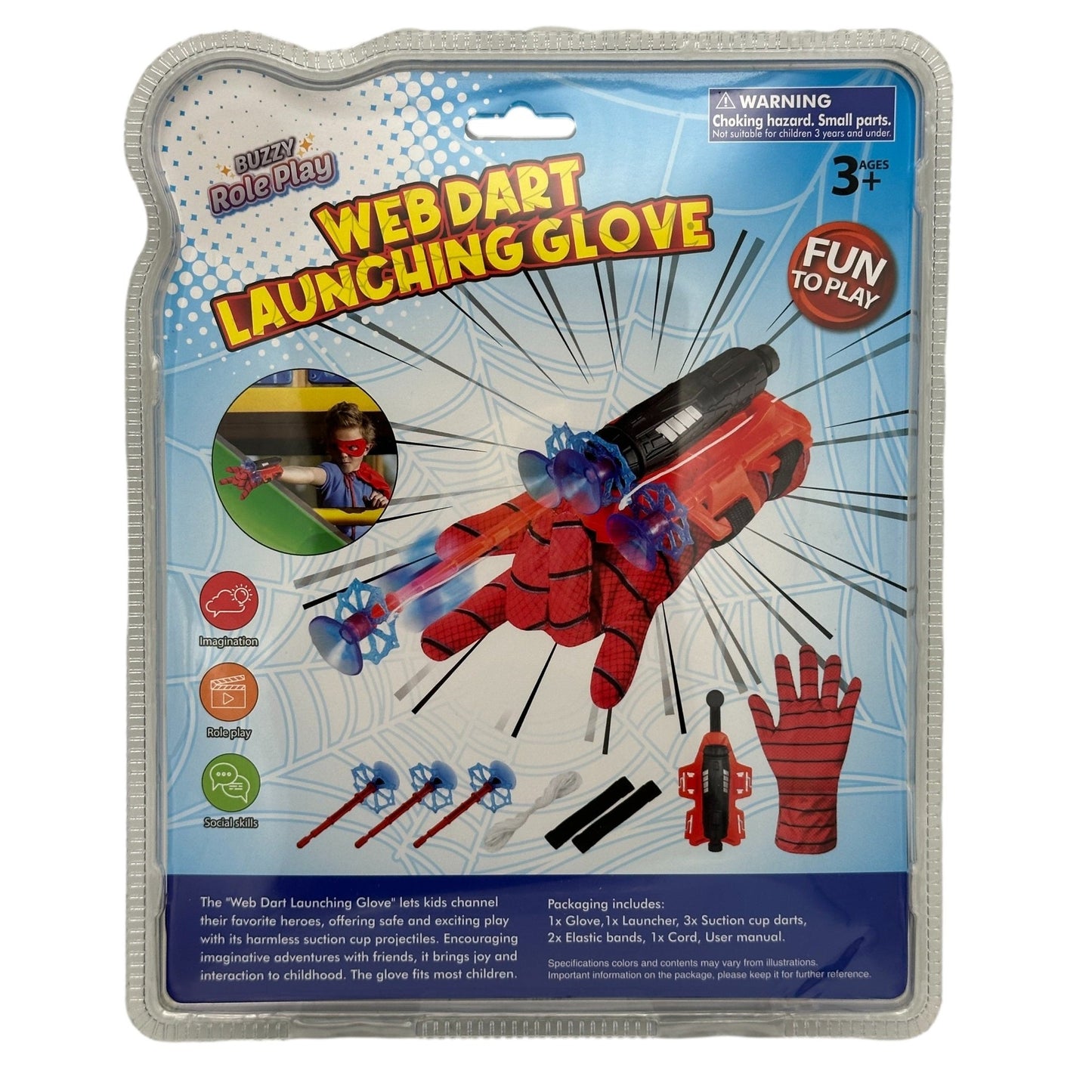 A packaged toy "Web Dart Launching Glove," including a glove, launcher, suction cup darts, elastic bands, and cord, with a warning about small parts.