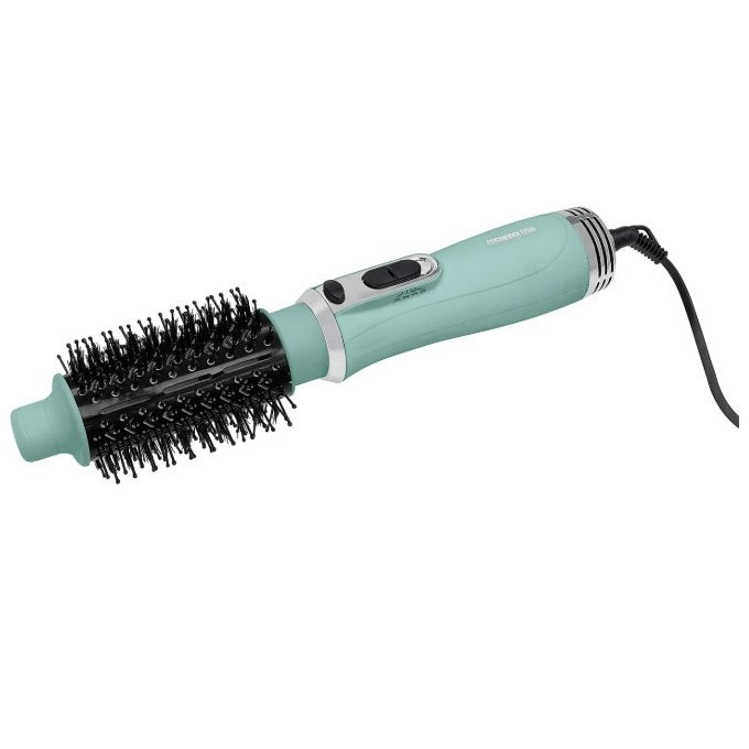 Aqua-colored hair styling brush with black bristles and power cord.