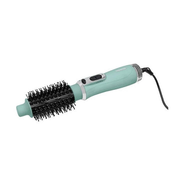Aqua-colored hair styling brush with black bristles and power cord.