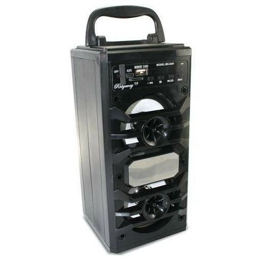 Black portable speaker with handle.