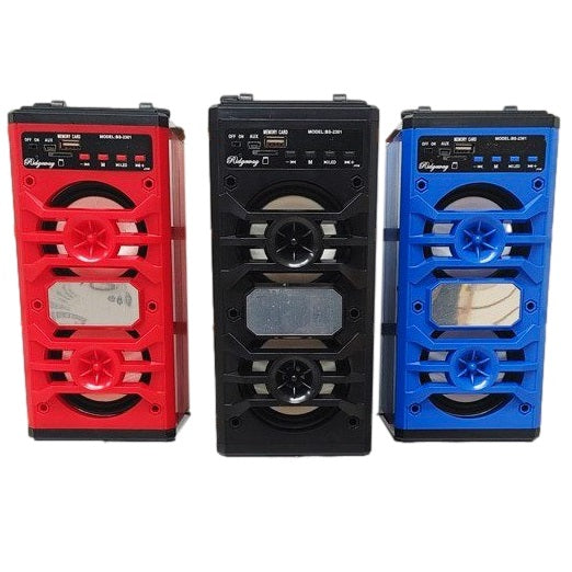 Three portable speakers in red, black, and blue on a white background
