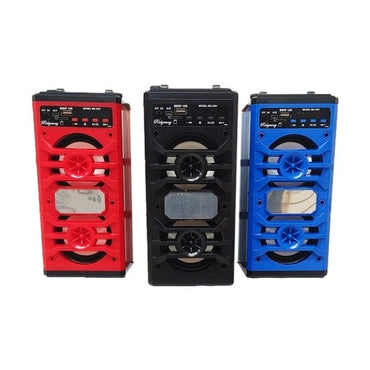 Three portable speakers in red, black, and blue on a white background