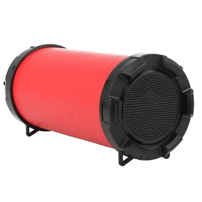 Red and black cylindrical Bluetooth speaker.