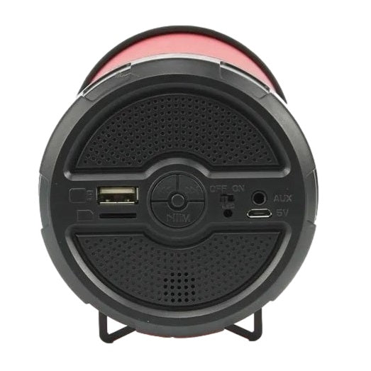 Black and red speaker with various ports.