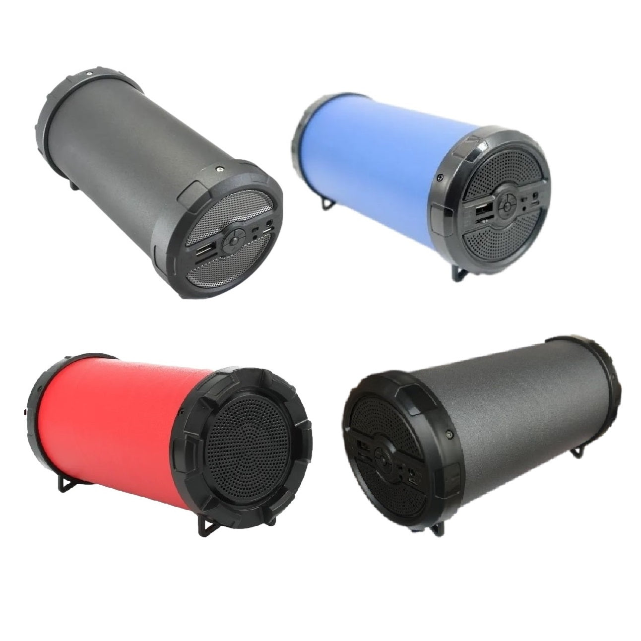 Four cylindrical Bluetooth speakers in black, blue, red, and gray.