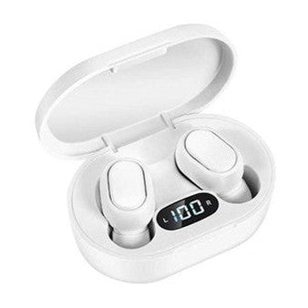 Here are a few concise alt tags for the image:
* **White wireless earbuds in charging case.**
* **White earphones with digital display in case.**
* **Earbuds and charging case showing 100% battery.**