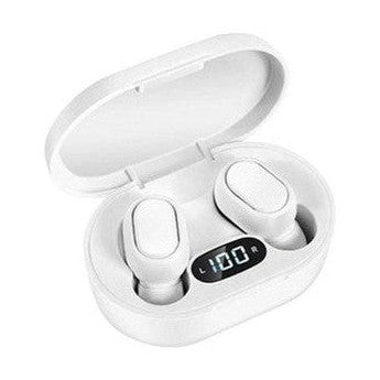Here are a few concise alt tags for the image:
* **White wireless earbuds in charging case.**
* **White earphones with digital display in case.**
* **Earbuds and charging case showing 100% battery.**