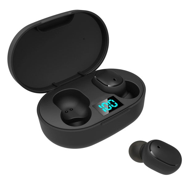 Black wireless earbuds in open charging case with digital display.