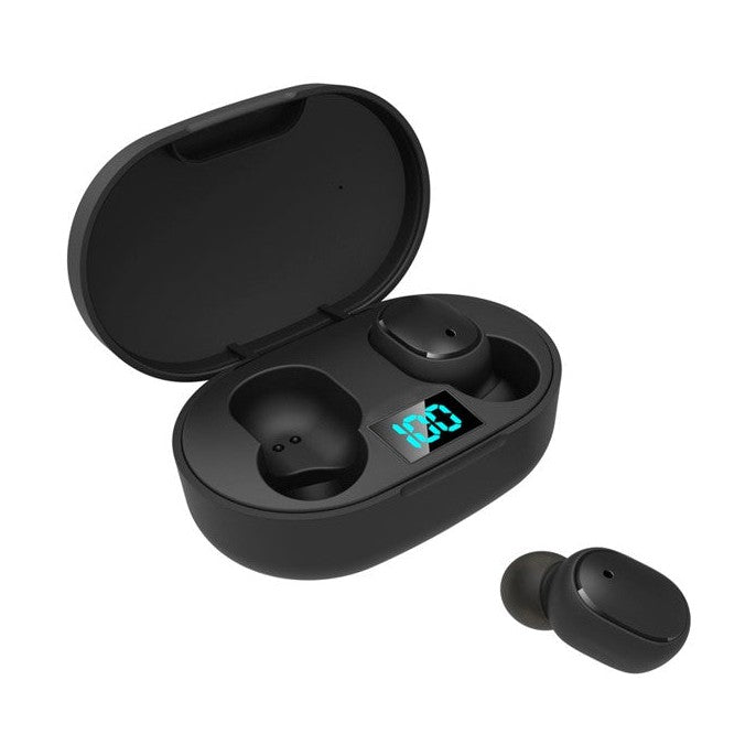 Black wireless earbuds in open charging case with digital display.