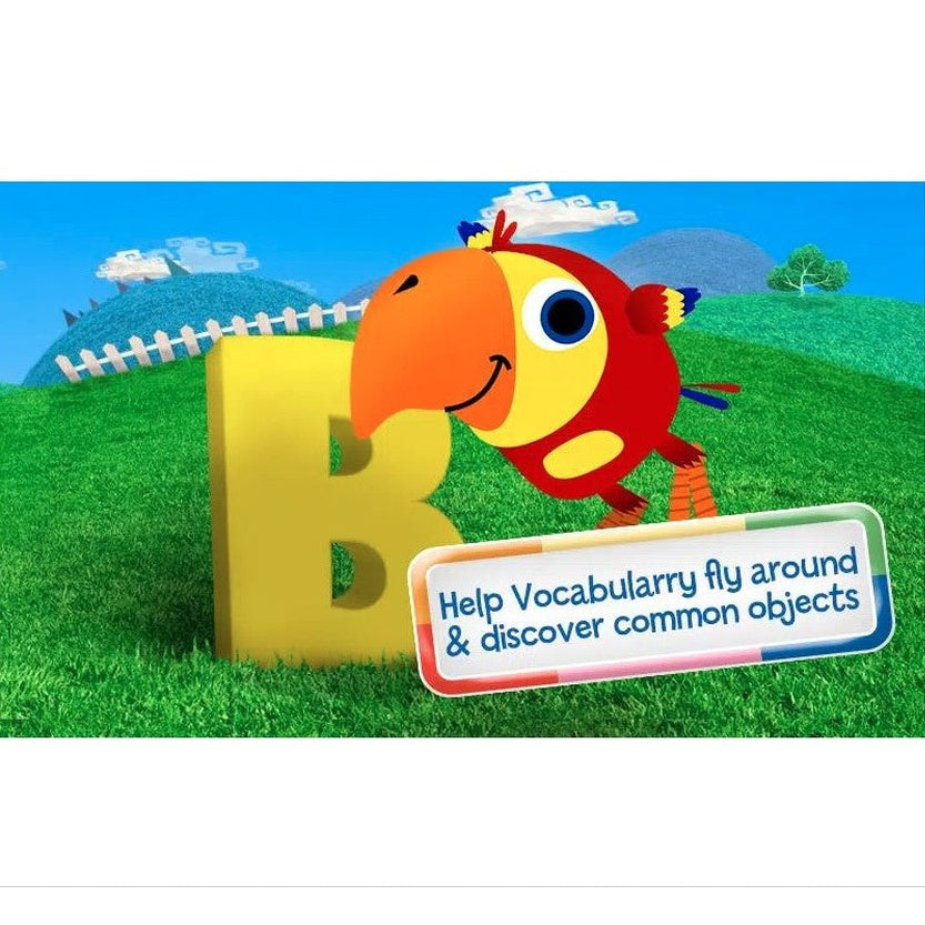 Animated parrot by letter B on grassy hill, advertising vocabulary learning.