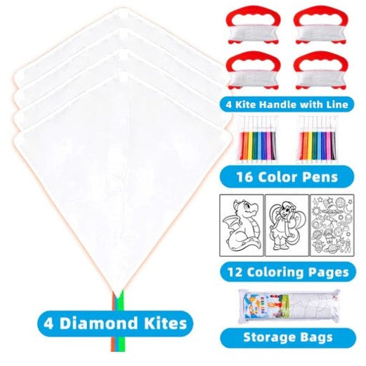 A set of kite-making supplies including four diamond kites, kite handles, color pens, coloring pages, and storage bags.