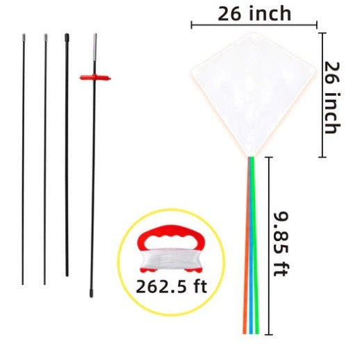 Kite kit with white kite, red handle, and black rods.