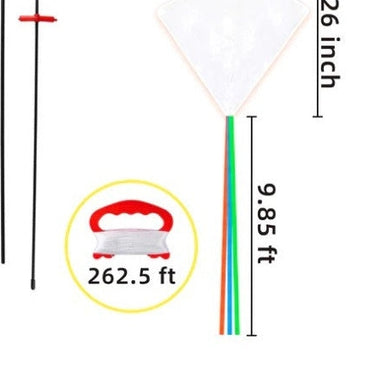 Kite kit with white kite, red handle, and black rods.
